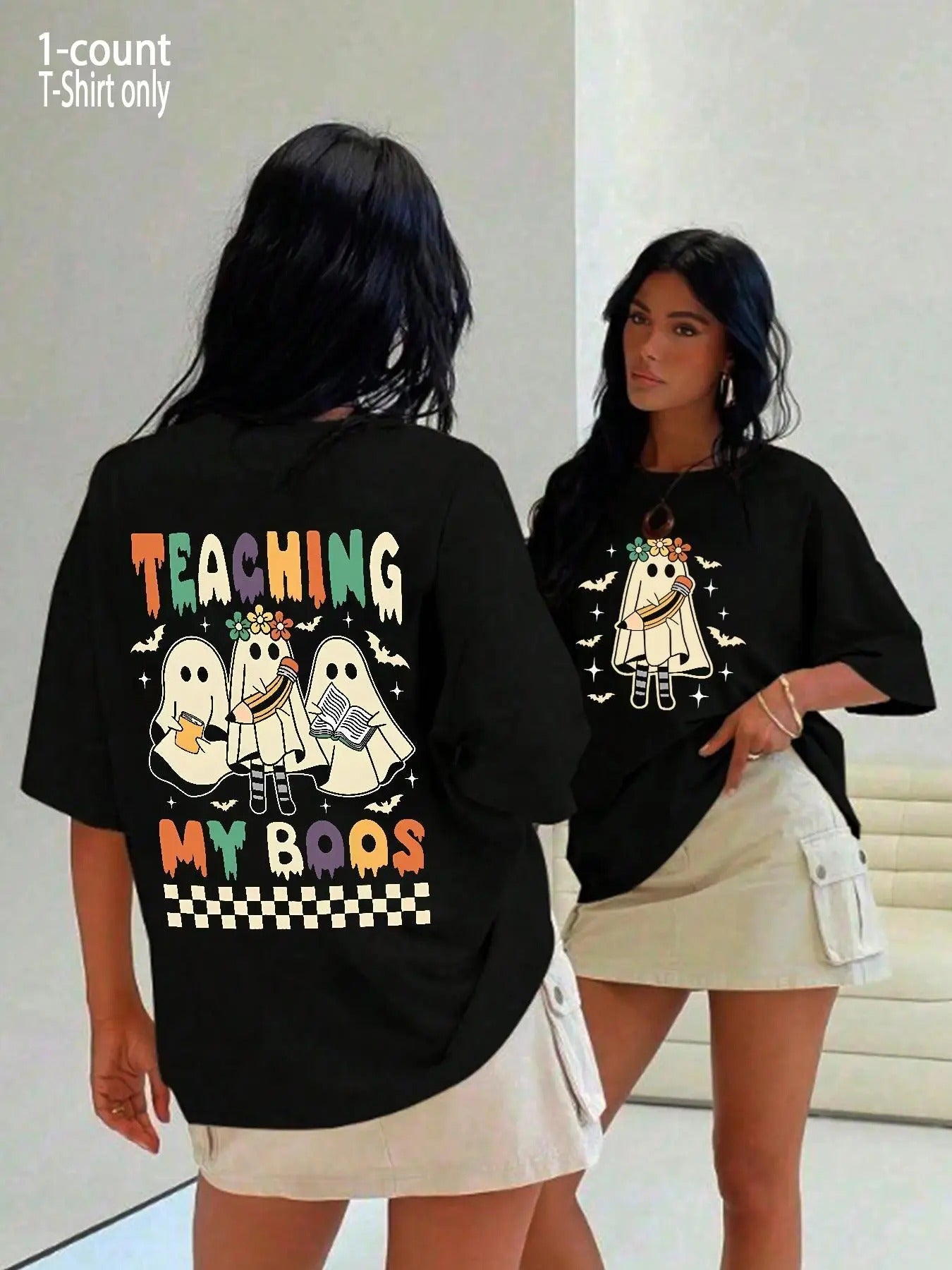 Women's Ghost & Letter Print Round Neck Tee, Fashion Casual Drop Shoulder Half Sleeve T-shirt for Daily Wear, Ladies...