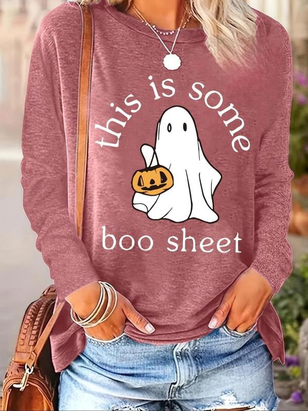 Women's Ghost & Pumpkin Print Round Neck Tee, Casual Long Sleeve Crew Neck T-shirt for Halloween, Women's Top for Daily...
