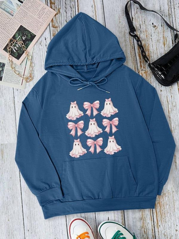 Women's Ghost Print Drop Shoulder Drawstring Hoodie, Fashion Casual Pocket Hooded Sweatshirt for Daily Holiday Outdoor...
