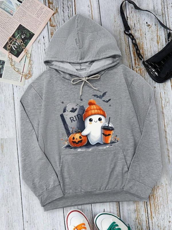 Women's Ghost Print Drop Shoulder Hoodie, Fashion Casual Drawstring Pocket Hooded Sweatshirt for Halloween Daily Holiday...