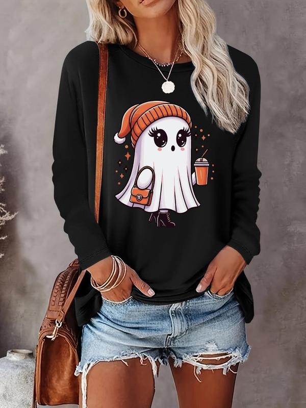 Women's Ghost Print Round Neck Tee, Casual Long Sleeve Crew Neck T-shirt for Fall & Winter, Women's Clothes for Daily...