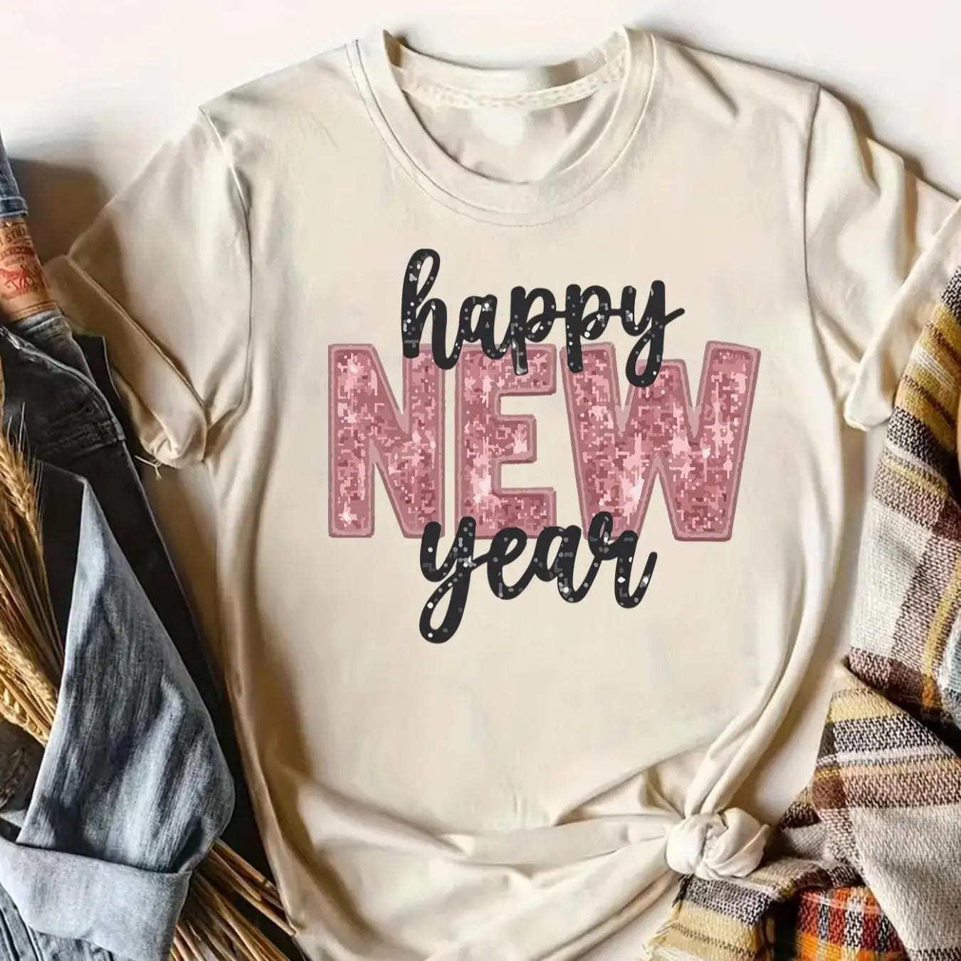 Women's Glitter Happy New Year Print Round Neck Tee, 1 Count Casual Short Sleeve T-shirt for Daily Wear, Ladies Clothes...