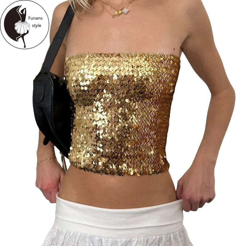 Women's Glitter Sequin Tube Tops Sleeveless StraplessFit Bandeau Tops Club Shirts Hoodie Sweatshirt | PrintMintTees.com