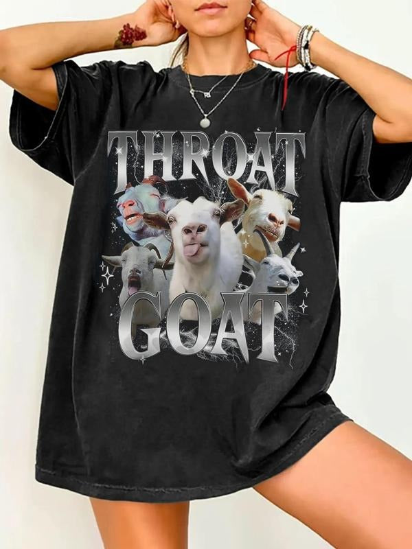 Goat & Figure Print Round Neck Casual Crew Neck Daily Vacation Outdoor Clothes Summer Tops T-Shirts, Hoodie, Sweatshirt