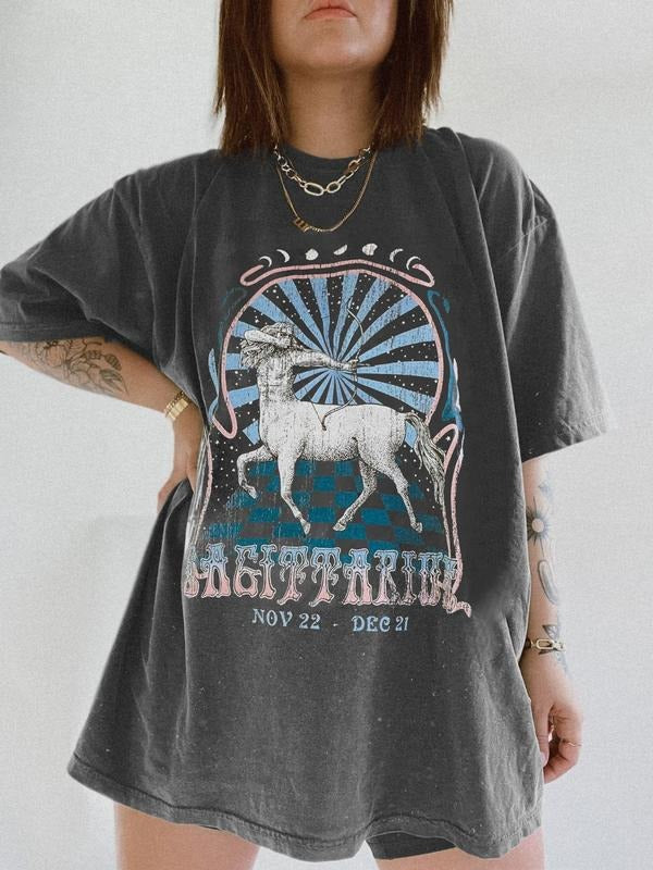 Goat & Letter Print Round Neck Casual Figure Half Sleeve Summer Clothes Daily Top T-Shirts, Hoodie, Sweatshirt