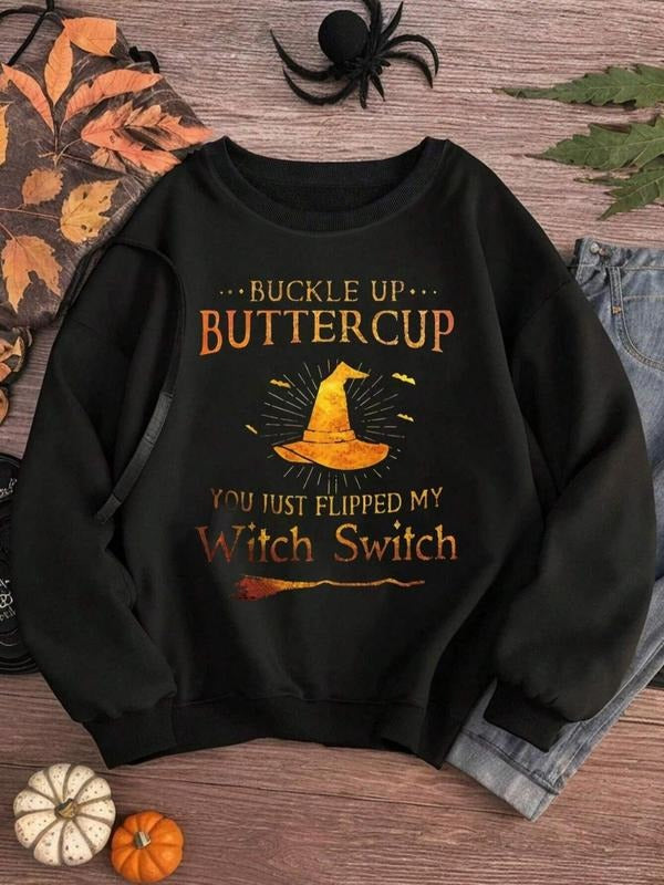 Women's Graphic Print Round Neck Sweatshirt, Casual Long Sleeve Crew Neck Halloween Pullover, Women's Top for Fall &...
