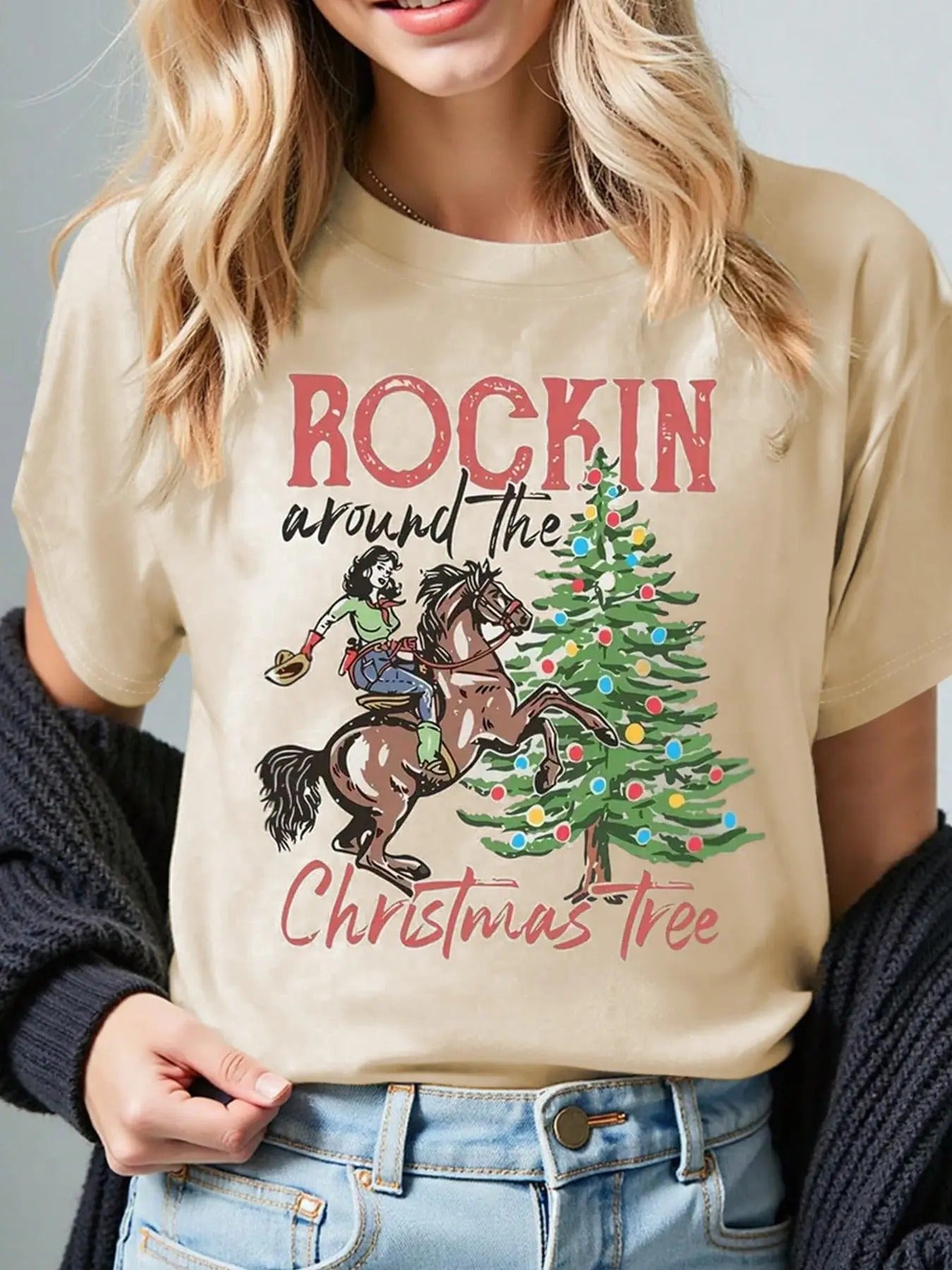 Women's Graphic Print Shirt, Casual Round Neck Graphic Tee, Women's Christmas Shirt for Daily Wear Hoodie Sweatshirt