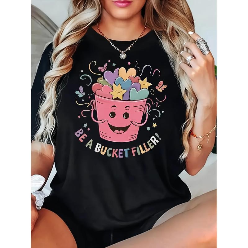 Women's Graphic T-Shirt - Black, Casual Short Sleeve with Colorful Hearts and Stars, Round Neck, All-Season Wear style 02...