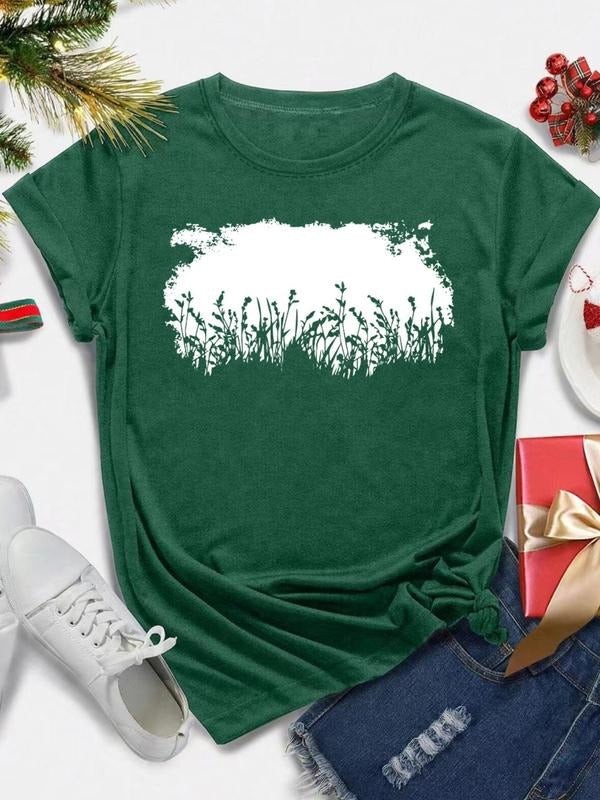 Women's Grass Print Round Neck Tee, Casual Short Sleeve Crew Neck T-Shirt for All Seasons, Fashion Women's Top for Daily...