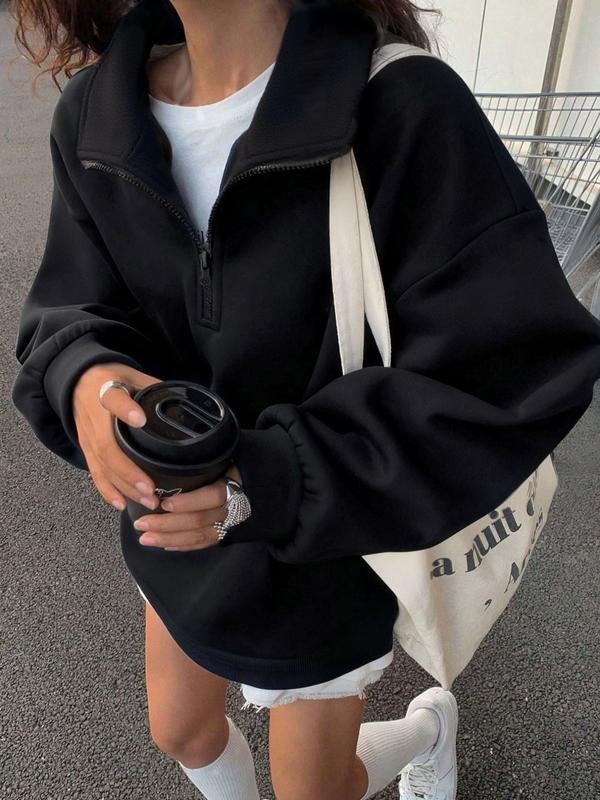 Women's Half-Zip Mock Neck Oversized Sweatshirt - Black Casual Streetwear Pullover Shirt Hoodie | PrintMintTees.com