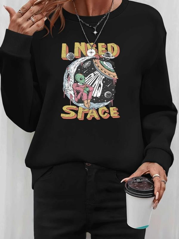 Women's Halloween Alien Print Long Sleeve Pullover Sweatshirt, Casual Fitted Round Neck Top, Fall & Winter Fashion, 9...
