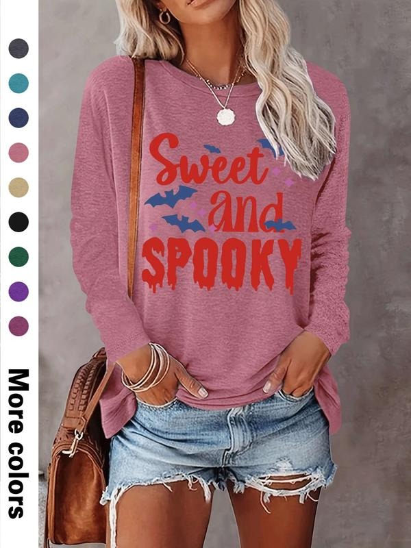 Women's Halloween Bat Letter Print Long Sleeve Casual Fitted T-Shirt, Comfortable Fabric, Available in 9 Colors, All...