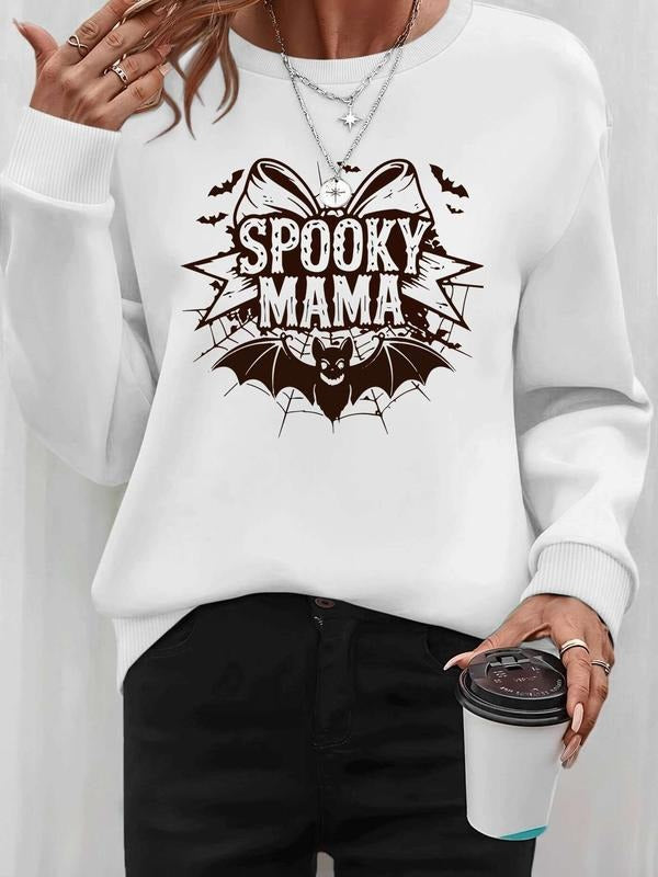 Women's Halloween Bat Letter Print Long Sleeve Round Neck Pullover Sweatshirt, Casual Fitted Kint Fabric, Fall & Winter...