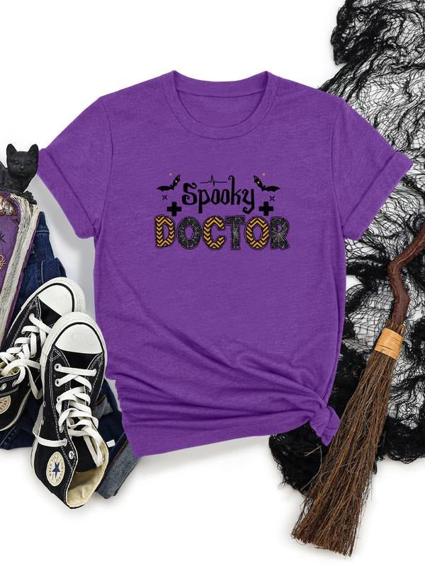 Women's Halloween Bat Letter Print Round Neck Short Sleeve T-Shirt, Soft Comfortable Fabric, Available in 11 Colors,...