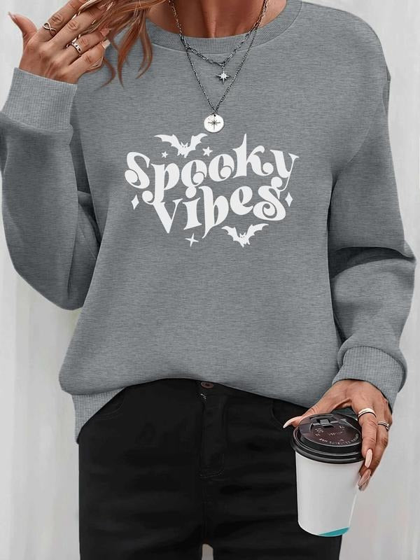 Women's Halloween Bat Print Pullover Sweatshirt, Casual Long Sleeve Fitted Top for Spring & Fall, Available in 6 Colors...