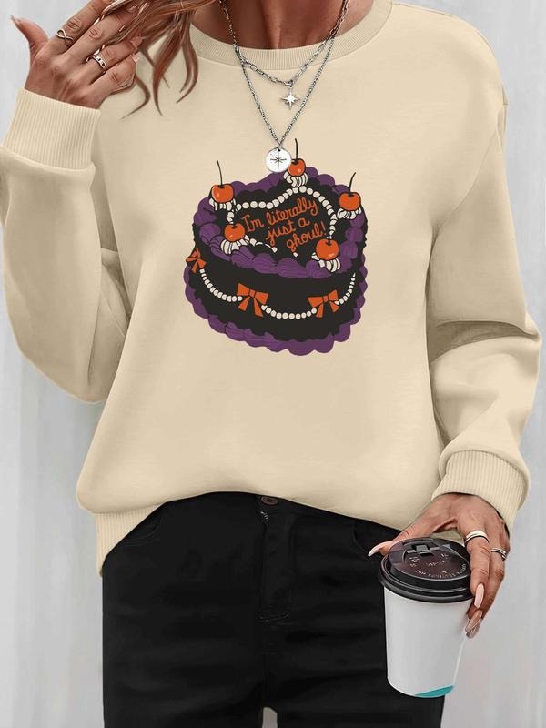 Women's Halloween Cake Print Long Sleeve Pullover Sweatshirt, Casual Fitted Round Neck Top, Available in 9 Colors, Fall &...