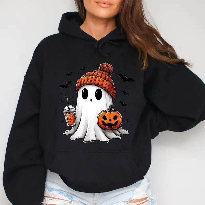 Halloween Cartoon Ghost & Pumpkin Print Drop Shoulder Casual Daily Womenswear T-Shirts, Hoodie, Sweatshirt