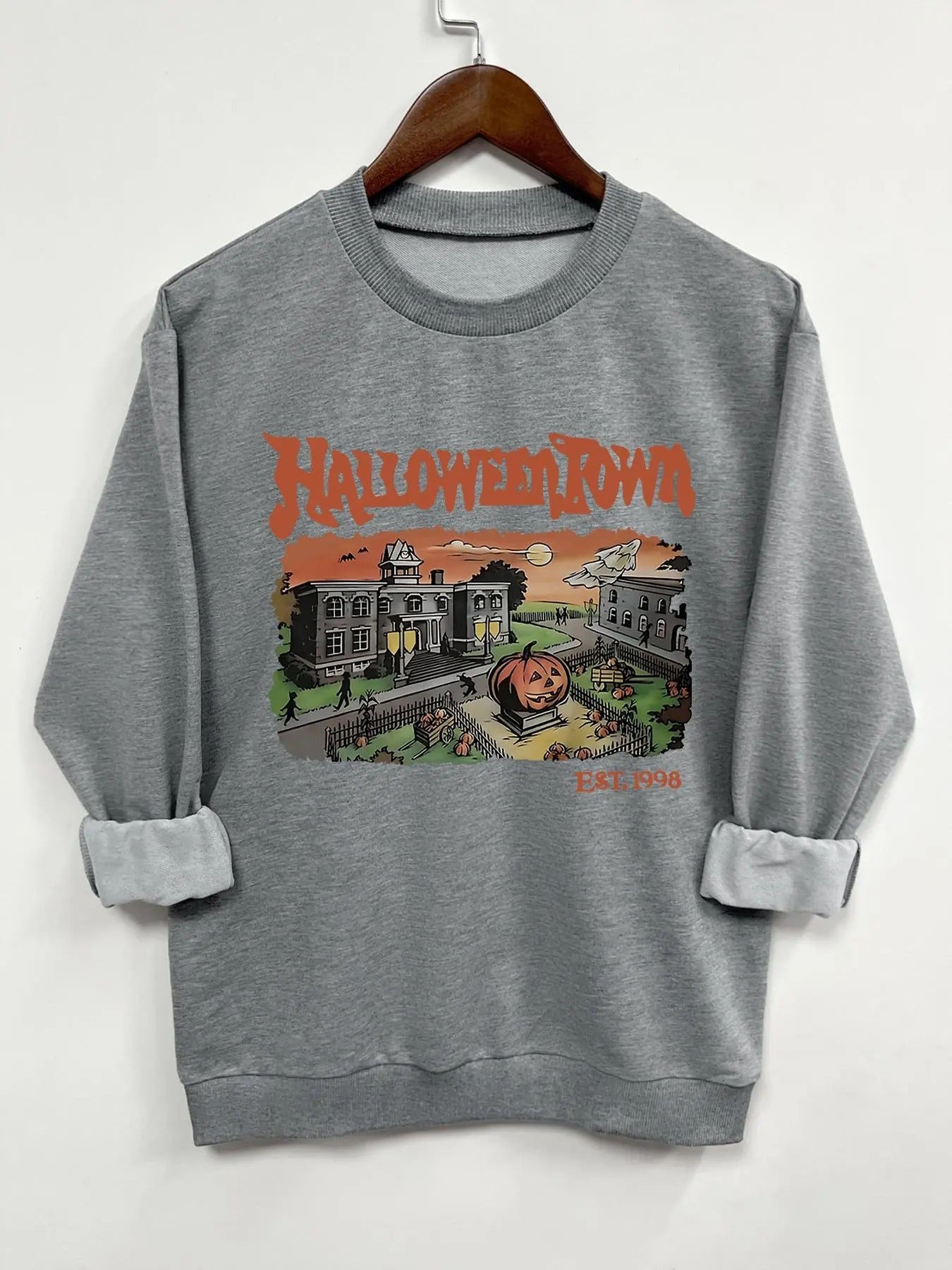 Women's Halloween Cartoon Pumpkin Print Drop Shoulder Sweatshirt, Casual Long Sleeve Round Neck Pullover for Daily Wear,...