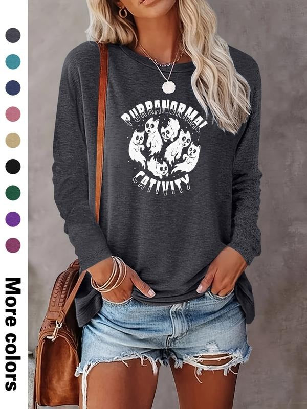 Women's Halloween Cat Letter Print Long Sleeve Casual Fitted T-Shirt, Comfortable Fabric, Available in 9 Colors, All...