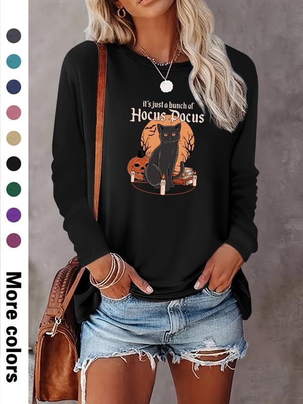 Women's Halloween Cat Pumpkin Print Long Sleeve Casual Fitted T-Shirt, Comfortable Fabric, Available in 9 Colors Hoodie...