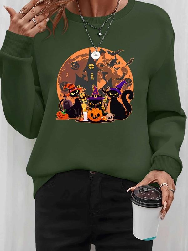 Women's Halloween Cat Pumpkin Print Long Sleeve Round Neck Pullover Sweatshirt, Casual Fitted Design, Available in 9...