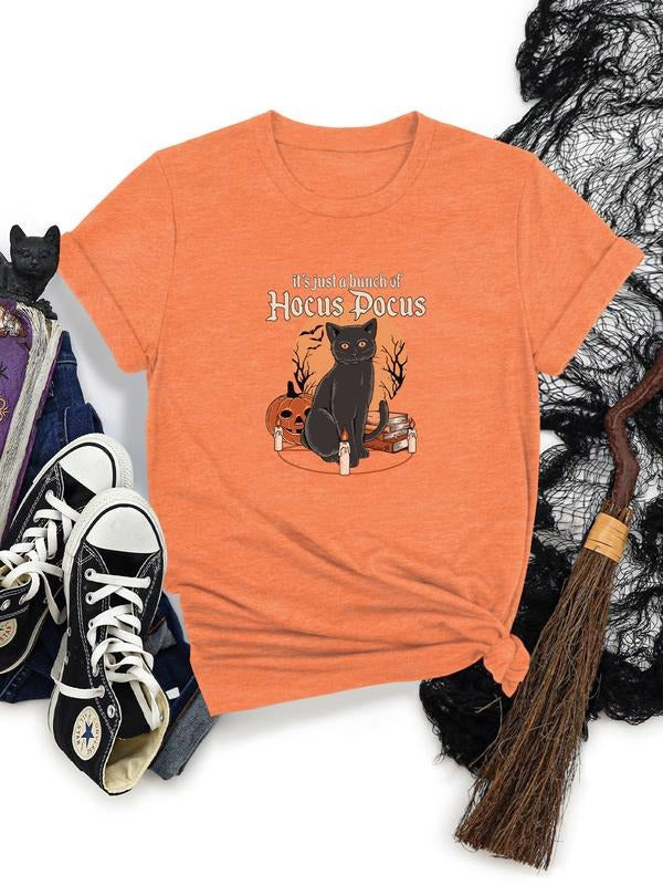 Women's Halloween Cat Pumpkin Print Round Neck Short Sleeve T-Shirt, Soft Comfortable Fabric, Casual Style, Available in...