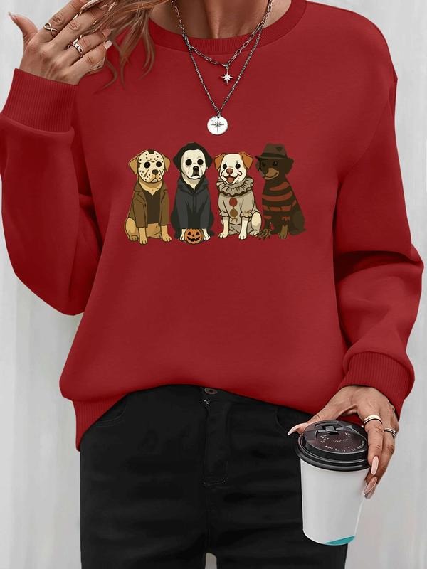 Women's Halloween Dog Print Long Sleeve Round Neck Pullover Sweatshirt, Casual Fitted Kint Fabric, Fall & Winter Fashion,...