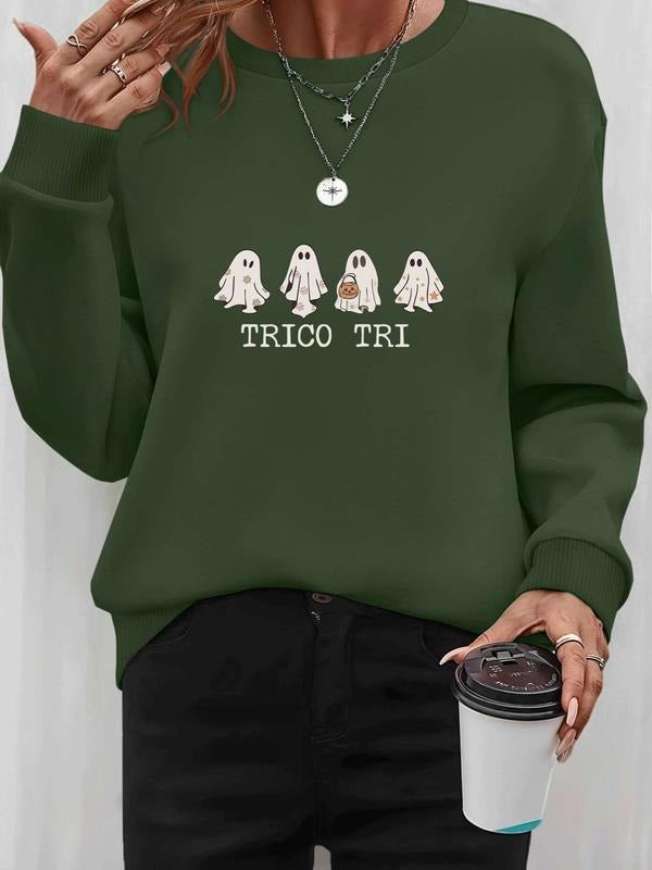 Women's Halloween Floral Letter Print Long Sleeve Round Neck Pullover Sweatshirt, Casual Fitted Style, Fall & Winter...