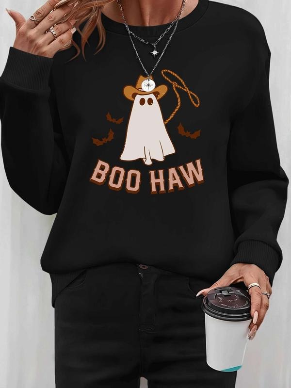 Women's Halloween Floral Letter Print Long Sleeve Round Neck Pullover Sweatshirt, Casual Fitted Style, Fall & Winter...