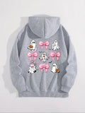 Women's Halloween Ghost & Bow Print Thermal Lined  Drawstring Hoodie, Fashion Casual Pocket Hooded Sweatshirt for Daily Holiday Outdoor Wear, Women Clothing for Spring Fall