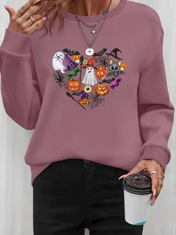 Women's Halloween Ghost Bat Pumpkin Print Long Sleeve Round Neck Pullover Sweatshirt, Casual Fitted Kint Fabric, Fall &...