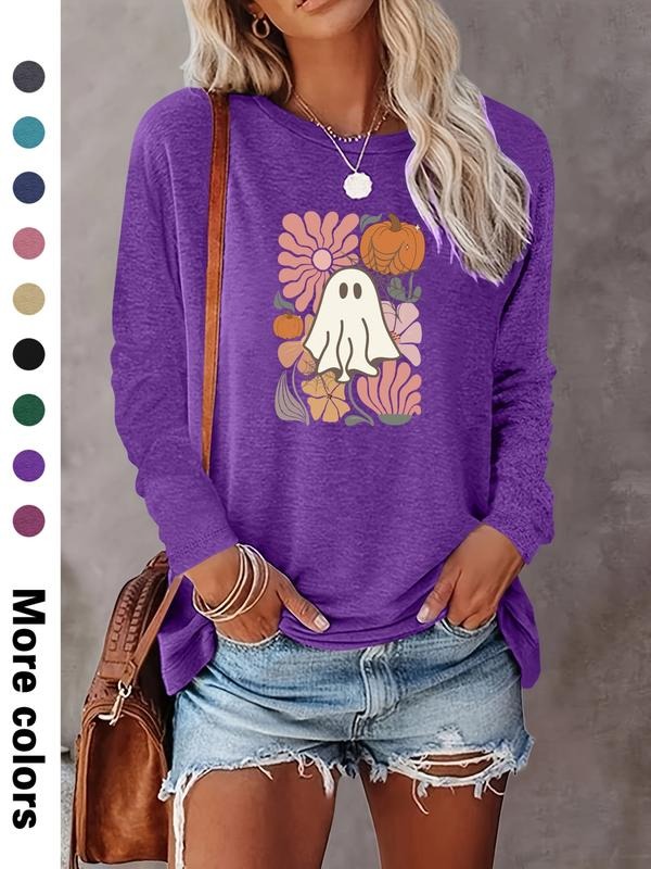 Women's Halloween Ghost Floral Print Long Sleeve T-Shirt, Comfortable Fabric, Available in 9 Colors, Casual Fashion Tee...