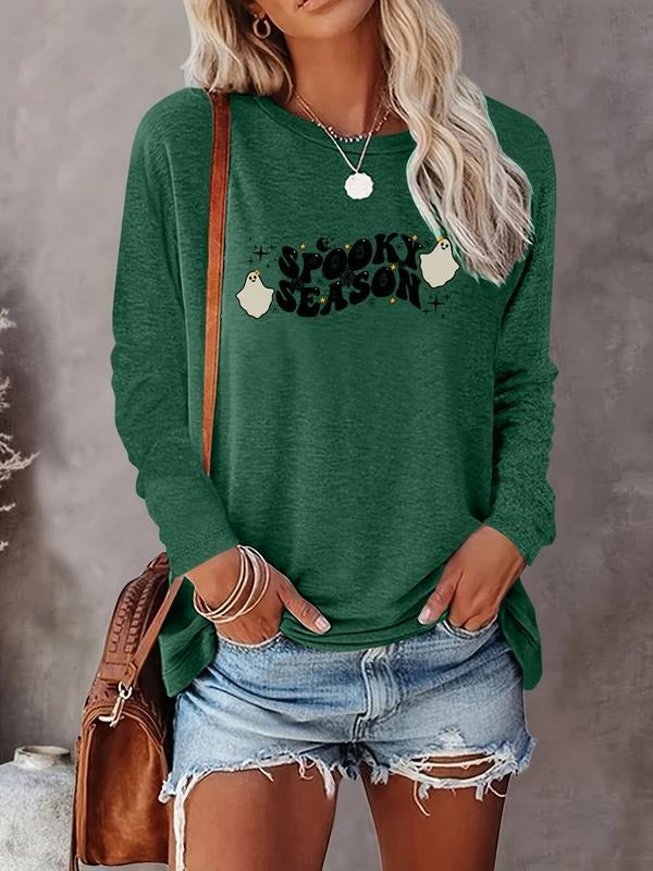 Women's Halloween Ghost Letter Print Long Sleeve Casual Fitted T-Shirt, Comfortable Fabric, Available in 8 Colors, All...