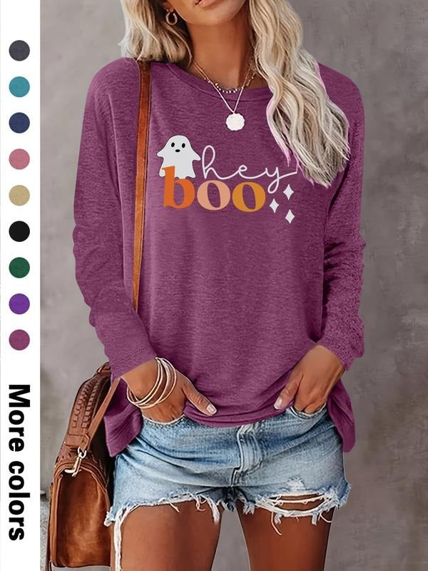 Women's Halloween Ghost Letter Print Long Sleeve Casual Fitted T-Shirt, Comfortable Fabric, Available in 9 Colors, All...