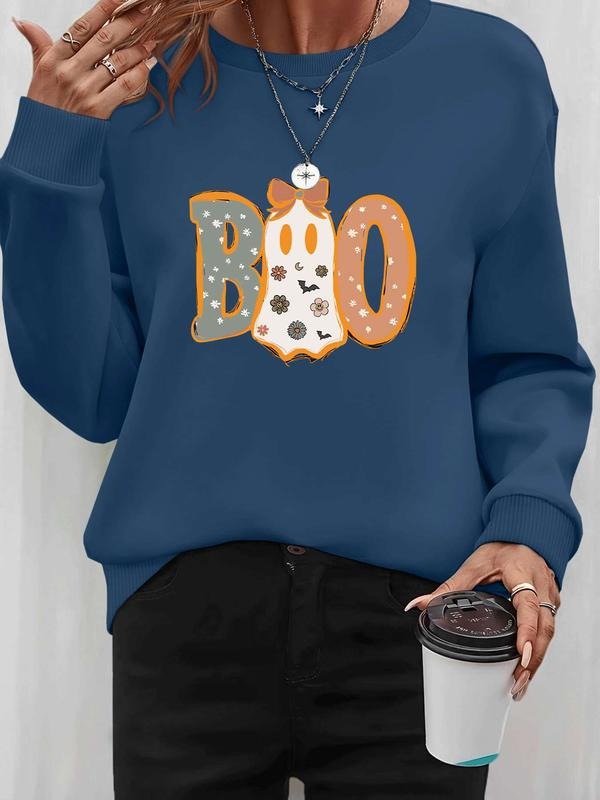 Women's Halloween Ghost Letter Print Long Sleeve Pullover Sweatshirt, Casual Fitted Round Neck Top, Fall & Winter...