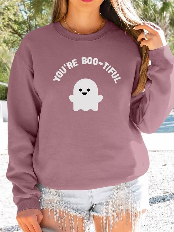 Women's Halloween Ghost Letter Print Long Sleeve Round Neck Pullover Sweatshirt, Casual Fall & Winter Fashion, Available...