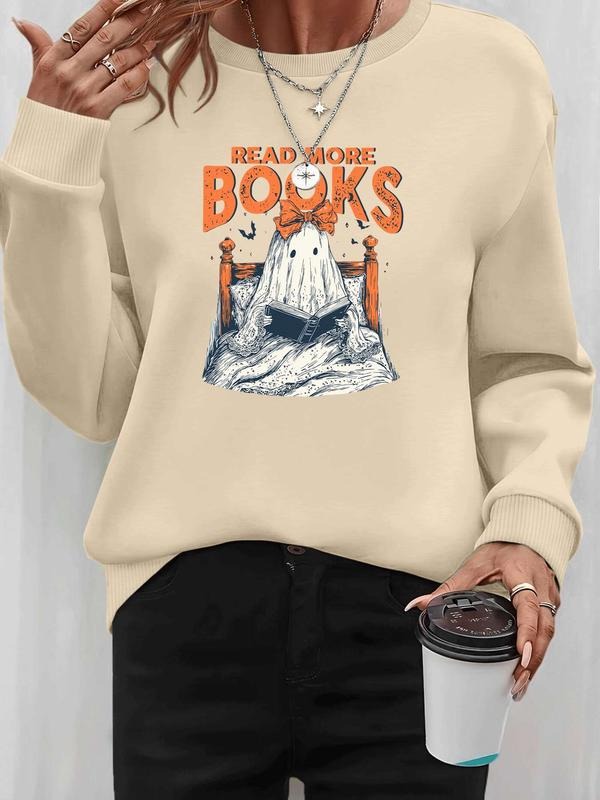 Women's Halloween Ghost Letter Print Long Sleeve Round Neck Pullover Sweatshirt, Casual Fitted Design, Available in 7...