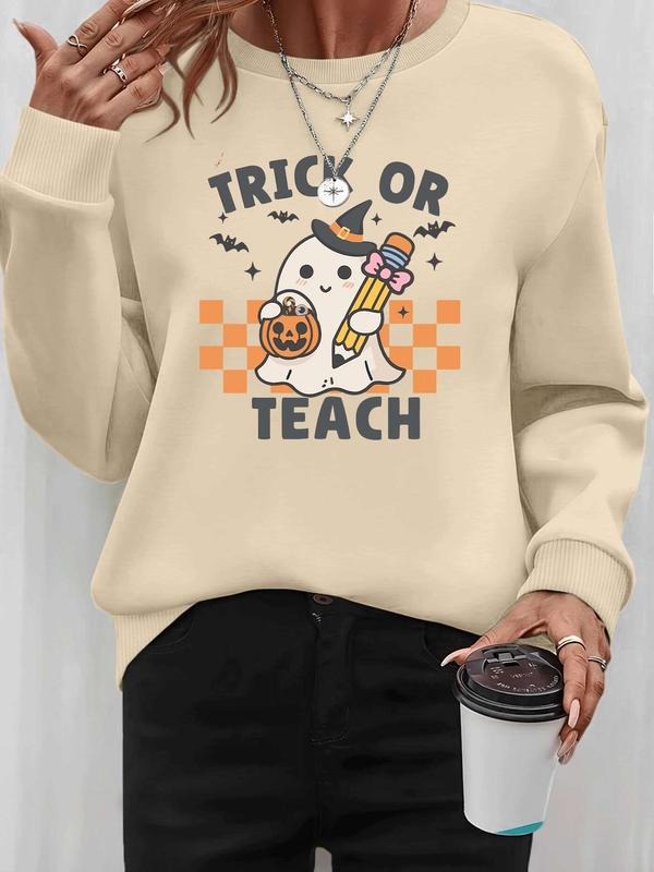 Women's Halloween Ghost Letter Print Long Sleeve Round Neck Pullover Sweatshirt, Casual Fitted Design, Fall & Winter...