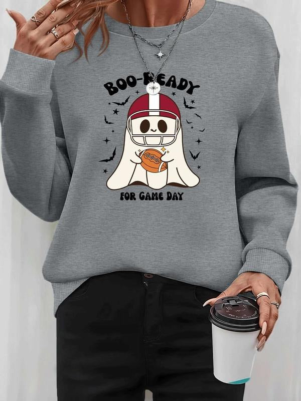Women's Halloween Ghost Letter Print Long Sleeve Round Neck Pullover Sweatshirt, Casual Fitted Kint Fabric for Fall &...