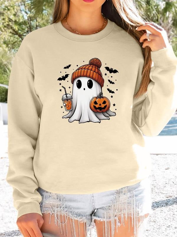 Women's Halloween Ghost Letter Print Long Sleeve Round Neck Pullover Sweatshirt, Casual Fitted Knit Top, Available in 7...