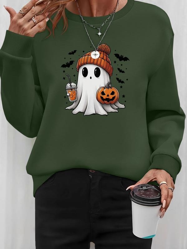 Women's Halloween Ghost Letter Print Long Sleeve Round Neck Pullover Sweatshirt, Casual Fitted Knit Top, Available in 7...
