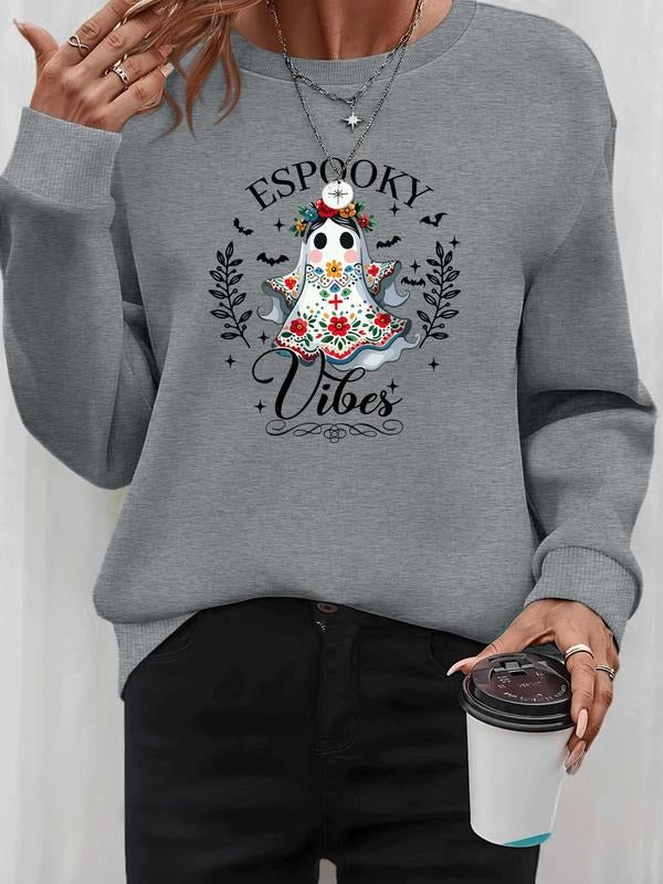 Women's Halloween Ghost Letter Print Long Sleeve Round Neck Pullover Sweatshirt, Casual Fitted Style, Available in 6...