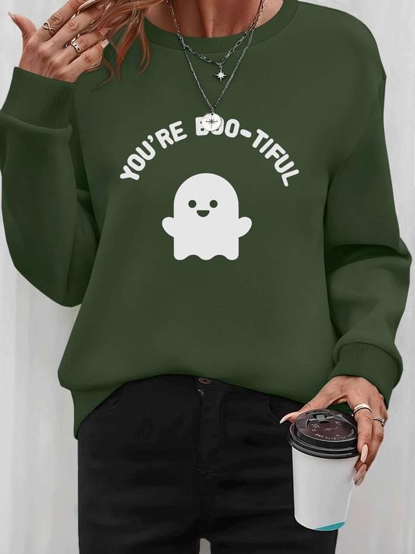 Women's Halloween Ghost Letter Print Pullover Sweatshirt, Casual Fitted Long Sleeve Top, Spring & Fall Fashion, Available...