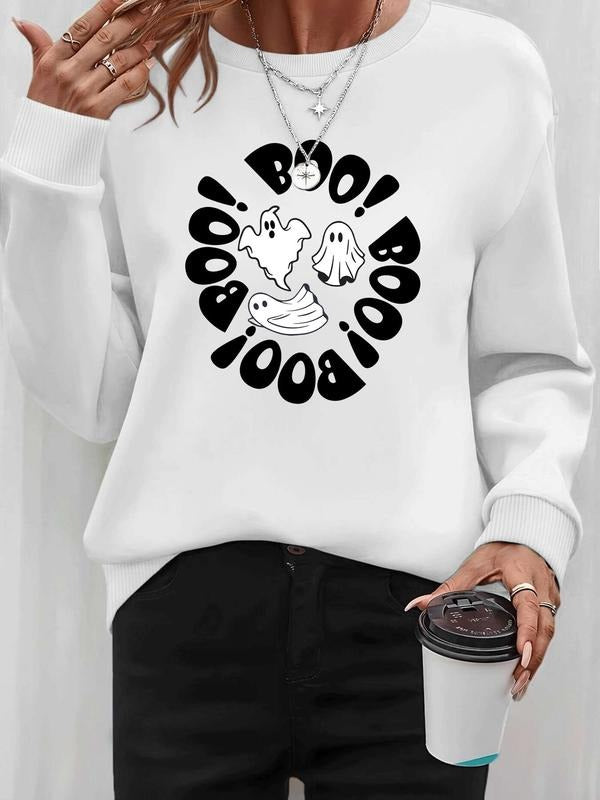 Women's Halloween Ghost Letter Print Pullover Sweatshirt, Casual Long Sleeve Fitted Top, Spring & Fall Fashion, Available...