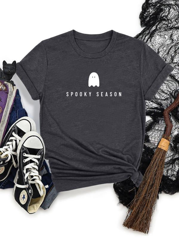 Women's Halloween Ghost Letter Print Round Neck Short Sleeve T-Shirt, Soft Comfortable Fabric, Casual Style, Available in...