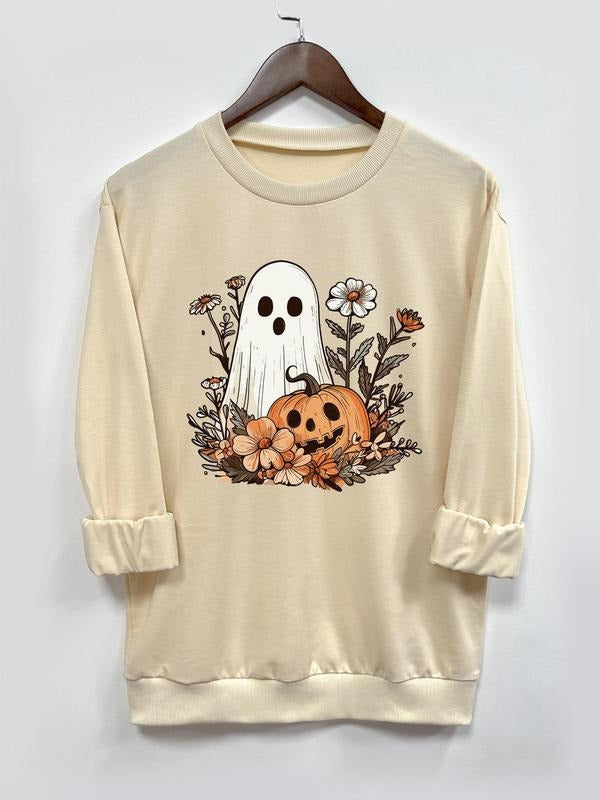 Women's Halloween Ghost Print Crew Neck Sweatshirt, Casual Long Sleeve Pullover, Women's Fall & Winter Clothes for Daily...