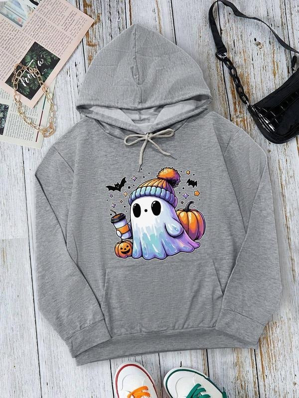 Women's Halloween Ghost Print Drop Shoulder Hoodie, Fashion Casual Drawstring Pocket Hooded Sweatshirt for Daily Holiday...