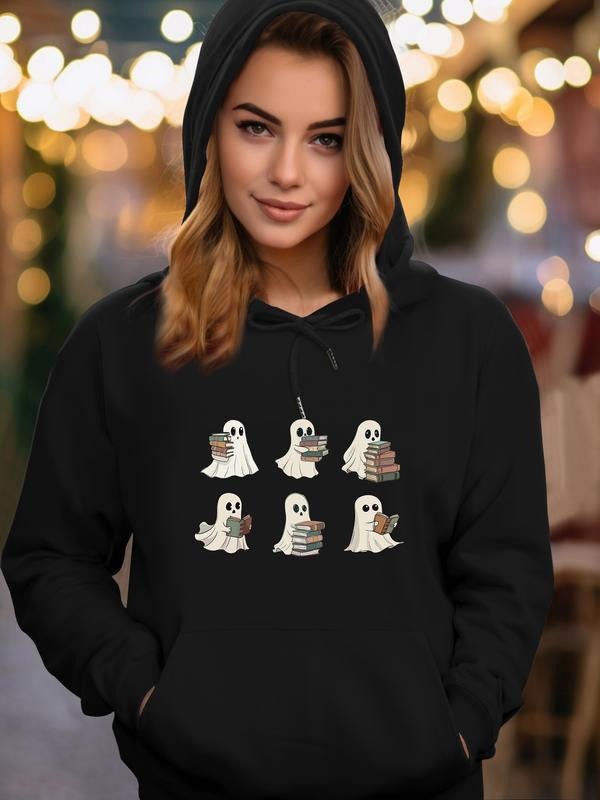 Women's Halloween Ghost Print Hoodie with Pockets, Casual Long Sleeve Fitted Hooded Sweatshirt, Spring & Fall Fashion, 6...
