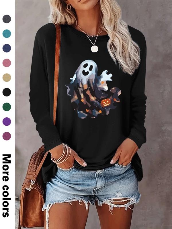 Women's Halloween Ghost Print Long Sleeve Casual Fitted T-Shirt, Comfortable Fabric, Available in 9 Colors, All Seasons...