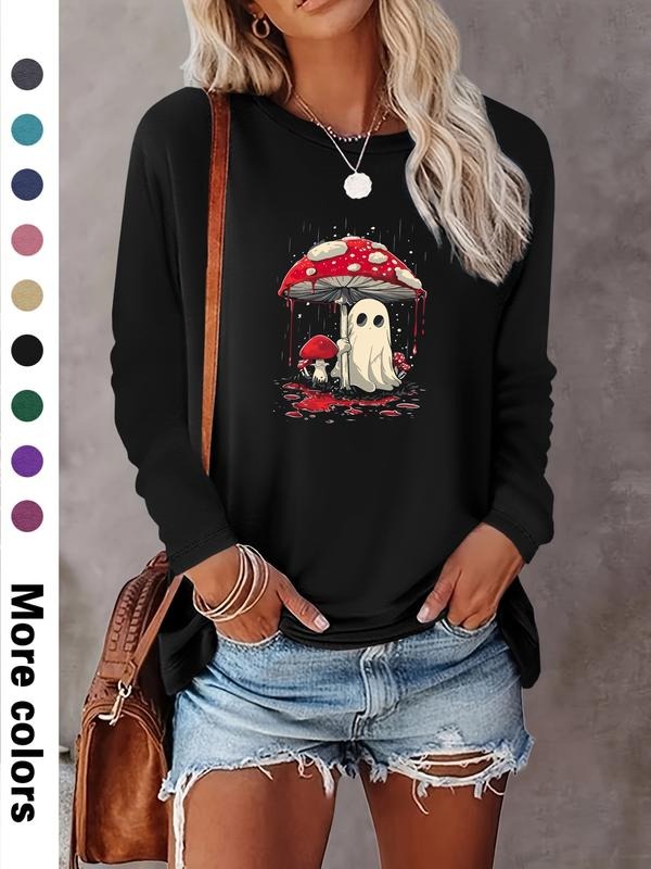 Women's Halloween Ghost Print Long Sleeve Casual Fitted T-Shirt, Comfortable Fabric, Available in 9 Colors, All Seasons...
